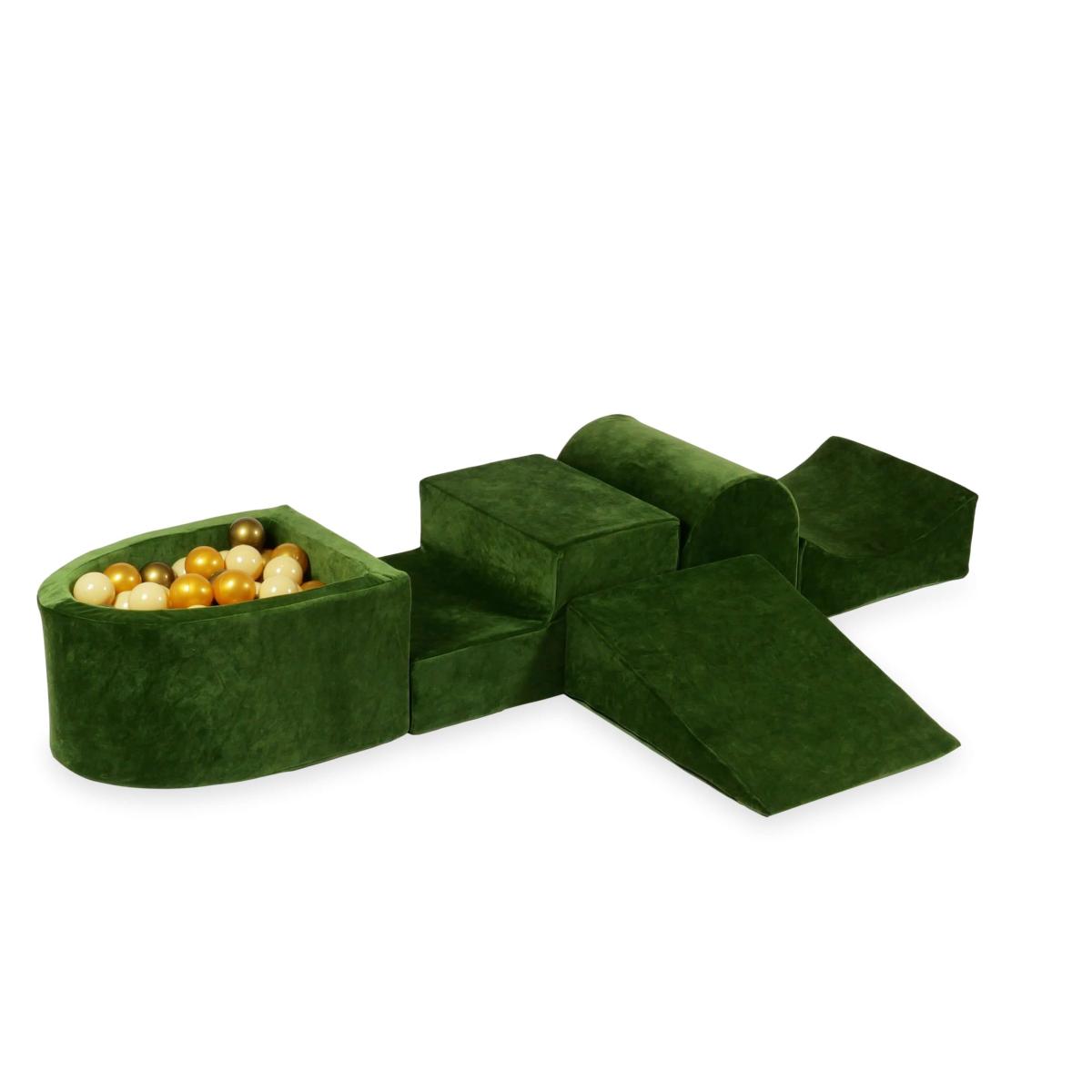 Piankowy plac zabaw z górką i z basenem micro Velvet Soft Oliwkowy + 100 piłek: beżowe, złote, stare złoto
