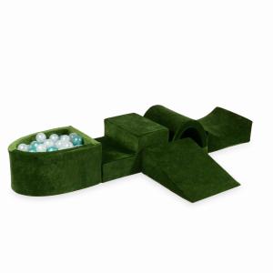 Piankowy plac zabaw z mostkiem i z basenem micro Velvet Soft Oliwkowy + 100 piłek: przezroczyste, perłowe, metaliczny turkus