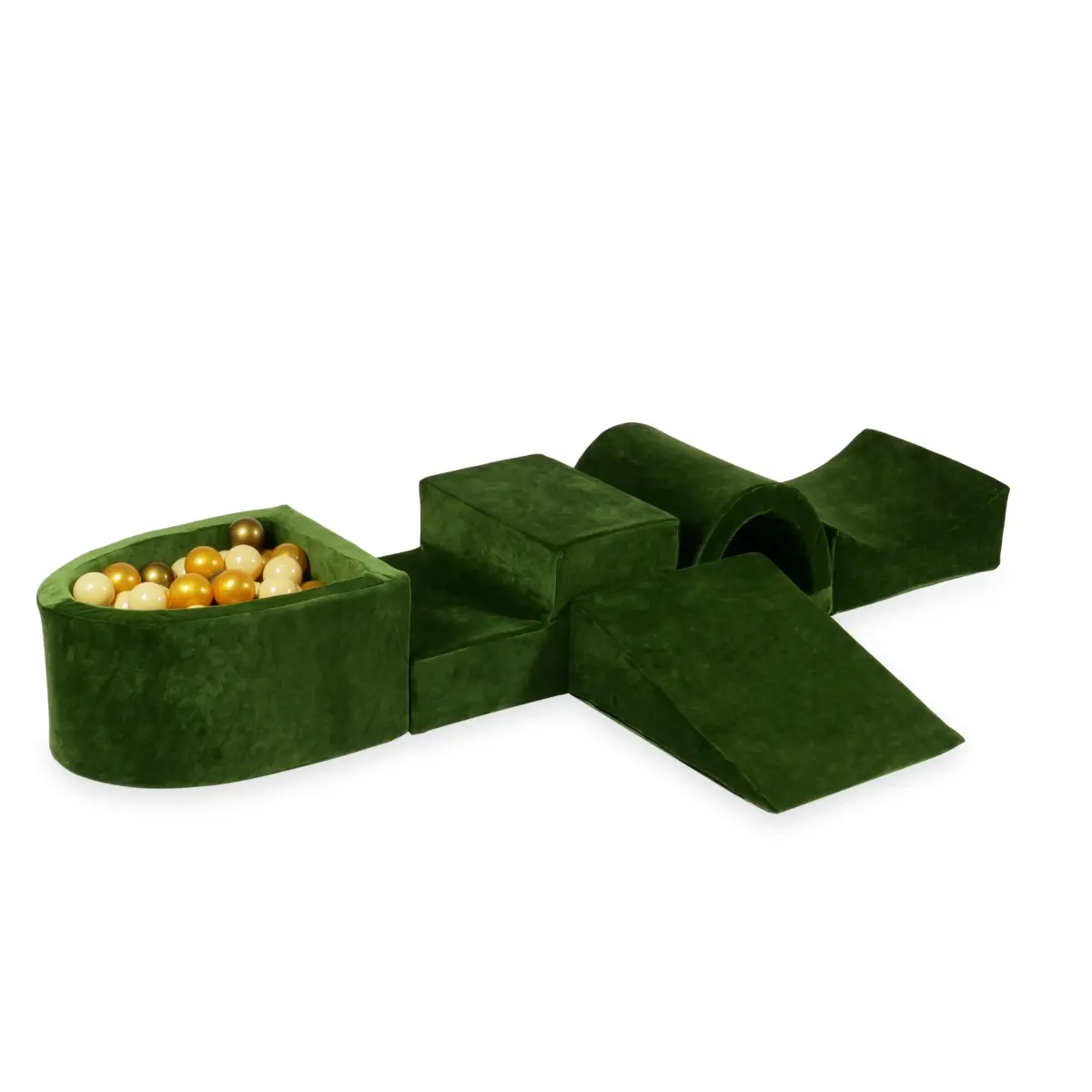 Piankowy plac zabaw z mostkiem i z basenem micro Velvet Soft Oliwkowy + 100 piłek: beżowe, złote, stare złoto