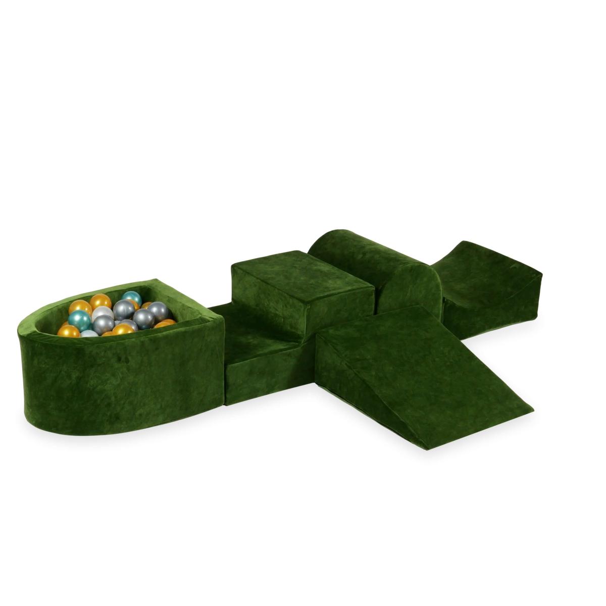 Piankowy plac zabaw z górką i z basenem micro Velvet Soft Oliwkowy + 100 piłek: perłowe, srebrne, złote, metaliczny turkus