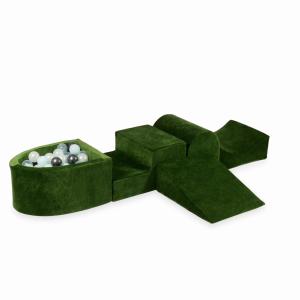 Piankowy plac zabaw z górką i z basenem micro Velvet Soft Oliwkowy + 100 piłek: przezroczyste, miętowe, metaliczny grafit, opalizujące