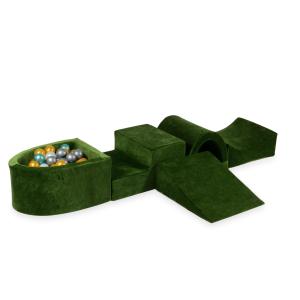 Piankowy plac zabaw z mostkiem i z basenem micro Velvet Soft Oliwkowy + 100 piłek: perłowe, srebrne, złote, metaliczny turkus