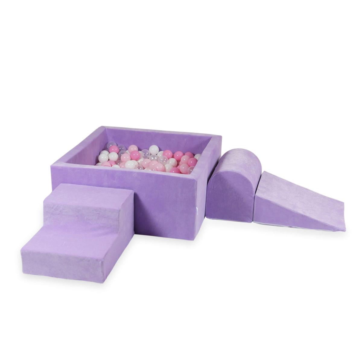 Piankowy plac zabaw z basenem kwadratowym 90x90x40 Velvet Soft Fioletowy + 400 piłek: przezroczyste, białe, jasnoróżowe, pudrowo różowe