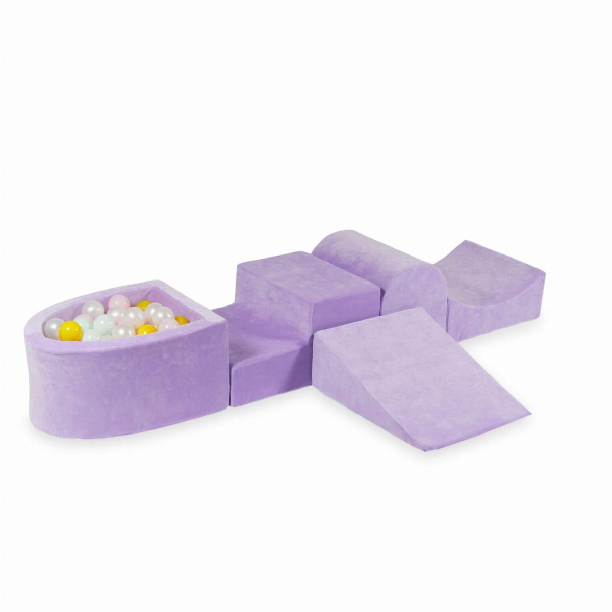 Piankowy plac zabaw z górką i z basenem micro Velvet Soft Fioletowy + 100 piłek: perłowe, jasnoróżowe, żółte, jasnomiętowe