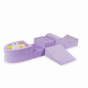 Piankowy plac zabaw z górką i z basenem micro Velvet Soft Fioletowy + 100 piłek: perłowe, jasnoróżowe, żółte, jasnomiętowe