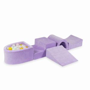 Piankowy plac zabaw z mostkiem i z basenem micro Velvet Soft Fioletowy + 100 piłek: perłowe, jasnoróżowe, żółte, jasnomiętowe