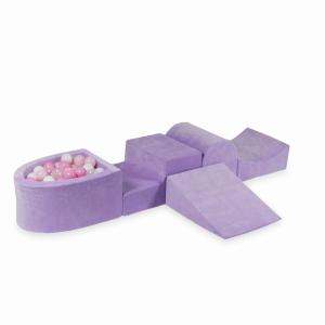 Piankowy plac zabaw z górką i z basenem micro Velvet Soft Fioletowy + 100 piłek: przezroczyste, białe, jasnoróżowe, pudrowo różowe