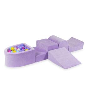 Piankowy plac zabaw z górką i z basenem micro Velvet Soft Fioletowy + 100 piłek: różowe, wrzosowe, żółte, jasnobłękitne, opalizujące