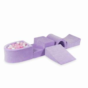 Piankowy plac zabaw z mostkiem i z basenem micro Velvet Soft Fioletowy + 100 piłek: przezroczyste, białe, jasnoróżowe, pudrowo różowe