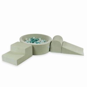Piankowy plac zabaw z basenem okrągłym 90x30 Velvet Soft Jasnomiętowy + 200 piłek: jasnomiętowe, opalizujące, metaliczny turkus