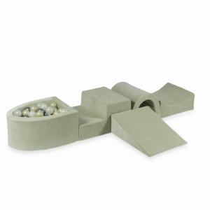 Piankowy plac zabaw z mostkiem i z basenem micro Velvet Soft Jasnomiętowy + 100 piłek: jasnozłote, opalizujące, srebrne