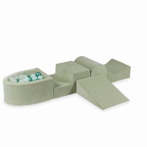 Piankowy plac zabaw z górką i z basenem micro Velvet Soft Jasnomiętowy + 100 piłek: jasnomiętowe, opalizujące, metaliczny turkus