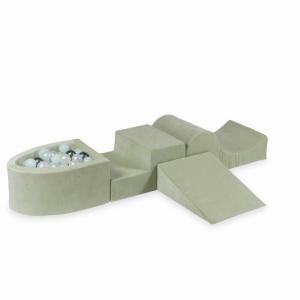 Piankowy plac zabaw z górką i z basenem micro Velvet Soft Jasnomiętowy + 100 piłek: perłowe, jasnomiętowe, metaliczny grafit
