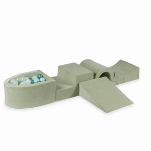 Piankowy plac zabaw z mostkiem i z basenem micro Velvet Soft Jasnomiętowy + 100 piłek: jasnomiętowe, opalizujące, metaliczny turkus