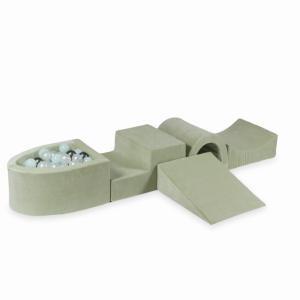 Piankowy plac zabaw z mostkiem i z basenem micro Velvet Soft Jasnomiętowy + 100 piłek: perłowe, jasnomiętowe, metaliczny grafit