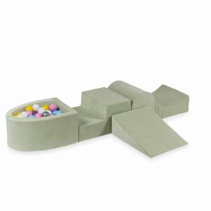 Piankowy plac zabaw z górką i z basenem micro Velvet Soft Jasnomiętowy + 100 piłek: białe, srebrne, pudrowo różowe, żółte, jasnobłękitne