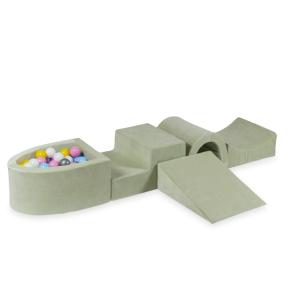 Piankowy plac zabaw z mostkiem i z basenem micro Velvet Soft Jasnomiętowy + 100 piłek: białe, srebrne, pudrowo różowe, żółte, jasnobłękitne