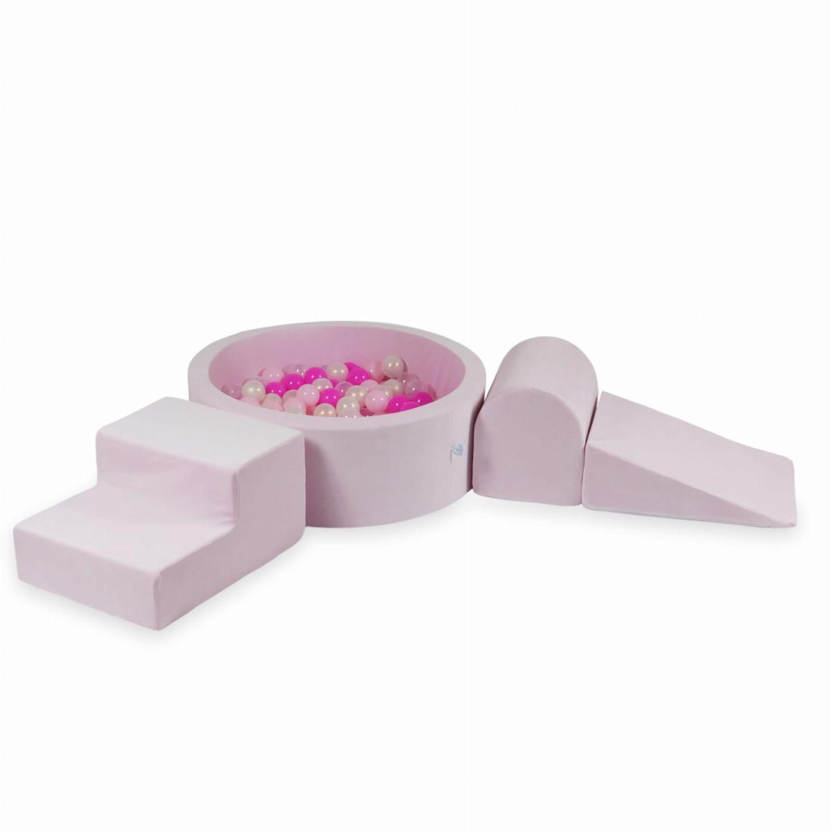 Piankowy plac zabaw z basenem okrągłym 90x30 Velvet Soft Jasnoróżowy + 200 piłek: przezroczyste, opalizujące, jasnoróżowe, różowe