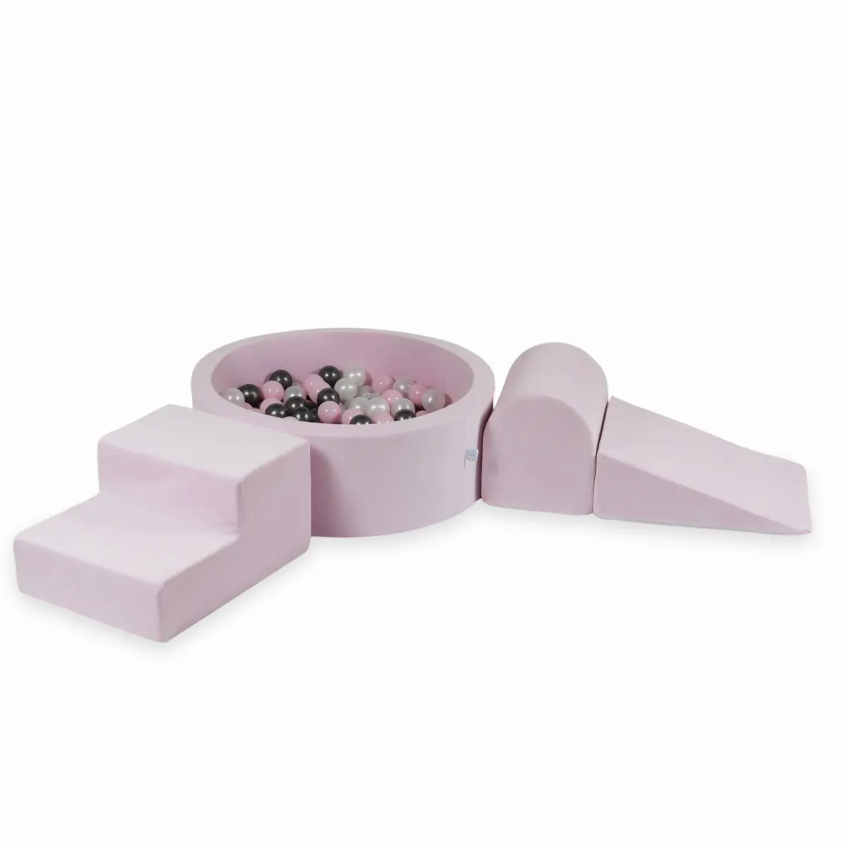 Piankowy plac zabaw z basenem okrągłym 90x30 Velvet Soft Jasnoróżowy + 200 piłek: perłowe, jasnoróżowe, metaliczny grafit