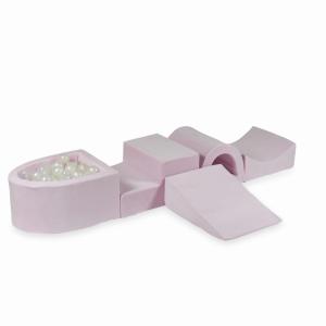 Piankowy plac zabaw z mostkiem i z basenem micro Velvet Soft Jasnoróżowy + 100 piłek: przezroczyste, perłowe, opalizujące