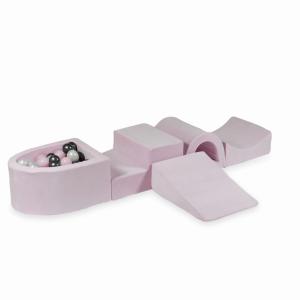 Piankowy plac zabaw z mostkiem i z basenem micro Velvet Soft Jasnoróżowy + 100 piłek: perłowe, jasnoróżowe, metaliczny grafit
