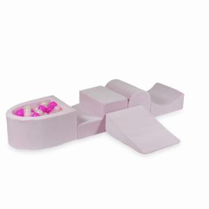 Piankowy plac zabaw z górką i z basenem micro Velvet Soft Jasnoróżowy + 100 piłek: przezroczyste, opalizujące, jasnoróżowe, różowe