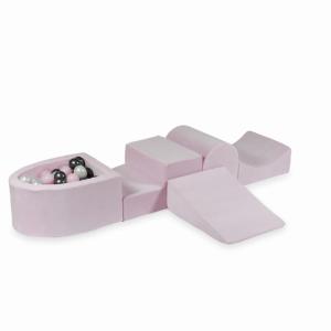 Piankowy plac zabaw z górką i z basenem micro Velvet Soft Jasnoróżowy + 100 piłek: perłowe, jasnoróżowe, metaliczny grafit