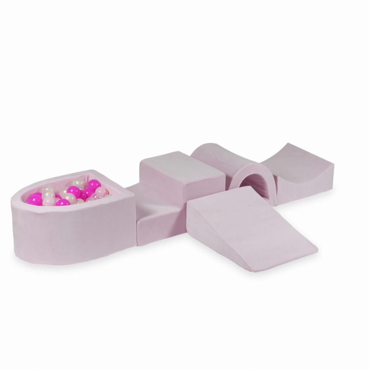 Piankowy plac zabaw z mostkiem i z basenem micro Velvet Soft Jasnoróżowy + 100 piłek: przezroczyste, opalizujące, jasnoróżowe, różowe