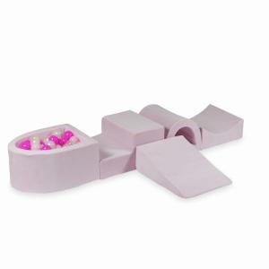 Piankowy plac zabaw z mostkiem i z basenem micro Velvet Soft Jasnoróżowy + 100 piłek: przezroczyste, opalizujące, jasnoróżowe, różowe