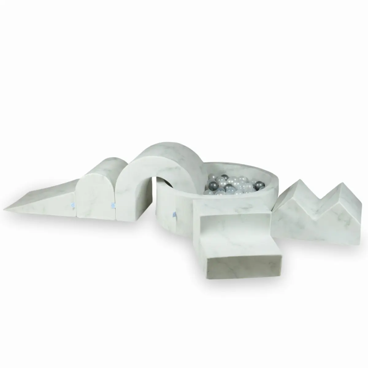 Foam playset with round pool 90x30 Marmur + 5 elements + 200 balls: transparent, pearl, silver