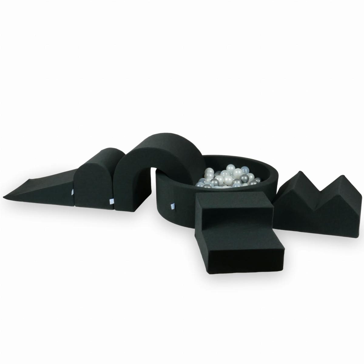 Foam playset with round pool 90x30 Graphite + 5 elements + 200 balls: transparent, pearl, silver