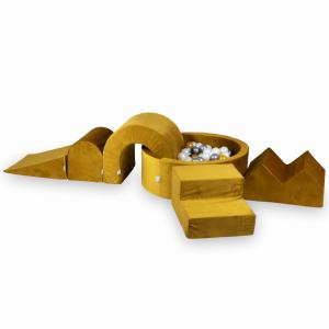 Piankowy plac zabaw z basenem okrągłym 90x30 Velvet Złoty + 5 elementów + 200 piłek: perłowe, srebrne, złote