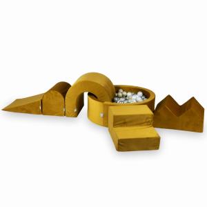 Piankowy plac zabaw z basenem okrągłym 90x30 Velvet Złoty + 5 elementów + 200 piłek: perłowe, srebrne, jasnozłote