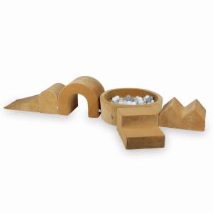 Piankowy plac zabaw z basenem okrągłym 90x30 Velvet Soft Carmel + 5 elementów + 200 piłek: przezroczyste, białe, perłowe, szare, jasnozłote