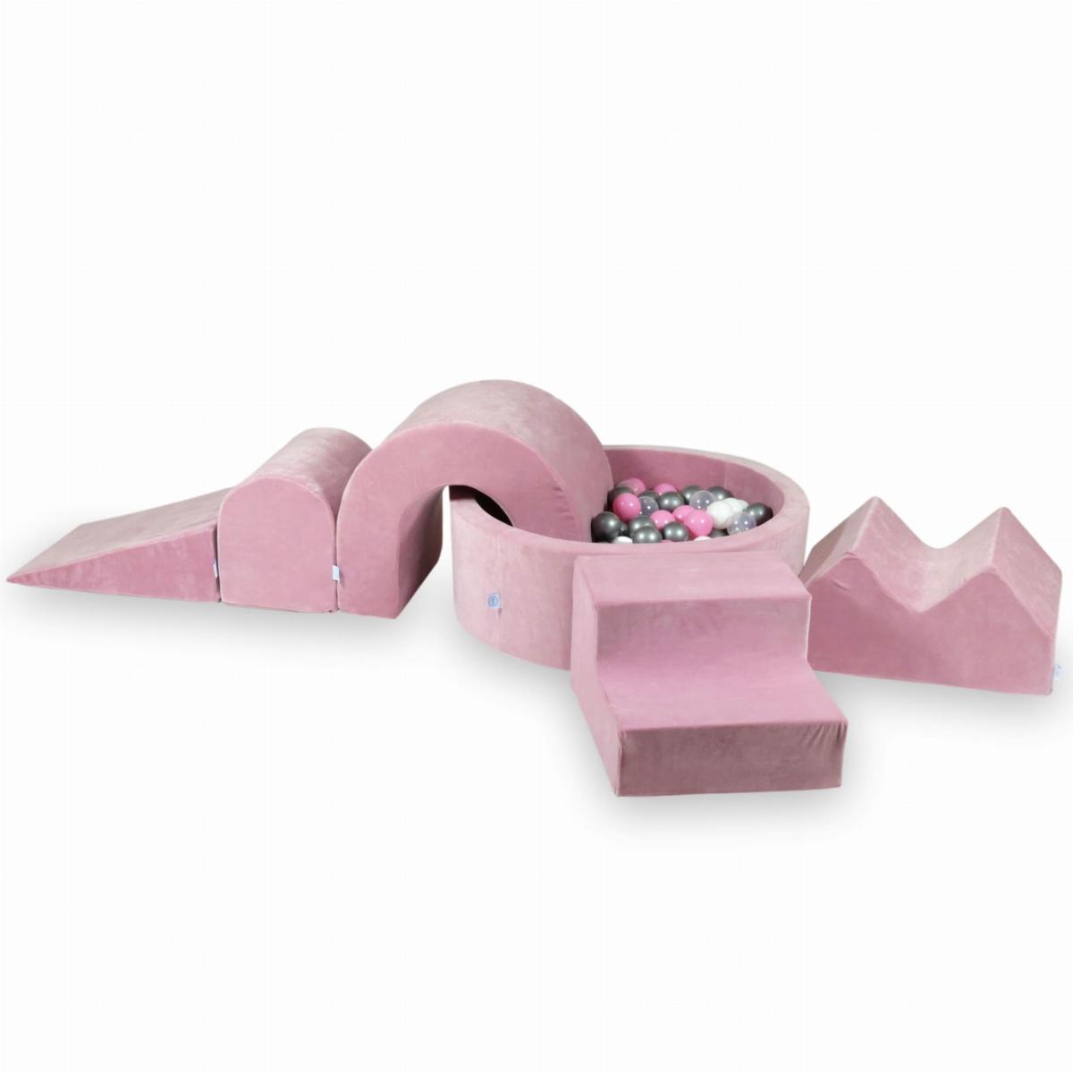 Piankowy plac zabaw z basenem okrągłym 90x30 Velvet Soft Różowy + 5 elementów + 200 piłek: przezroczyste, białe, srebrne, pudrowy róż