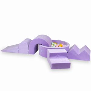 Piankowy plac zabaw z basenem okrągłym 90x30 Velvet Soft Fioletowy + 5 elementów + 200 piłek: perłowe, jasnoróżowe, żółte, jasnomiętowe