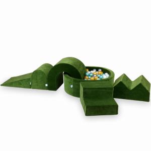 Piankowy plac zabaw z basenem okrągłym 90x30 Velvet Soft Oliwka + 5 elementów + 200 piłek: perłowe, srebrne, złote, metaliczny turkus