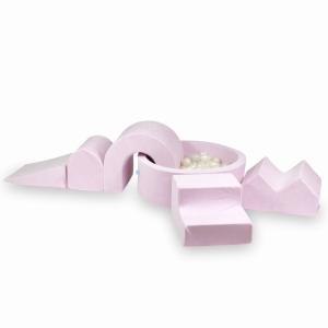 Piankowy plac zabaw z basenem okrągłym 90x30 Velvet Soft Jasnoróżowy + 5 elementów + 200 piłek: przezroczyste, perłowe, opalizujące