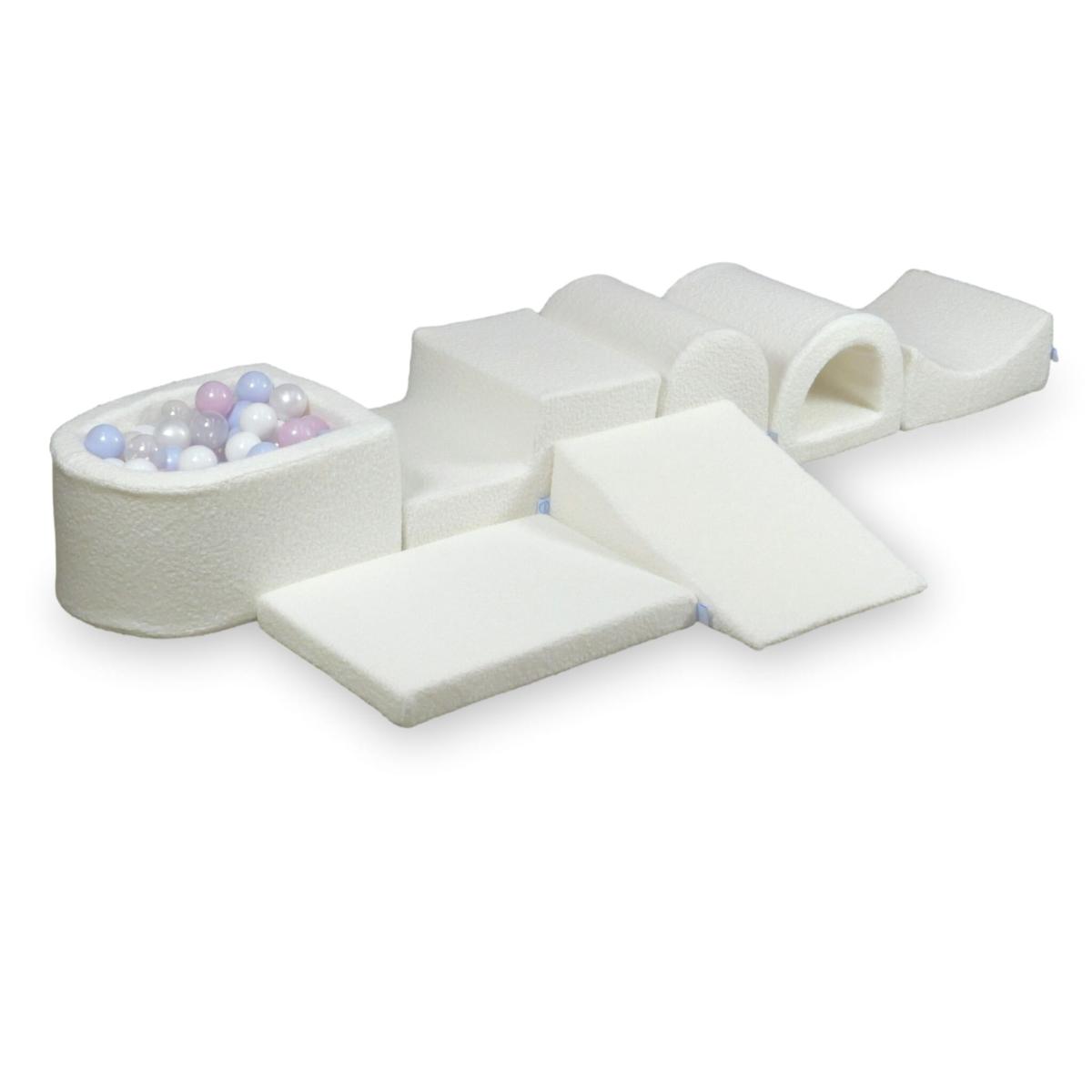 Biggest foam playset with micro pool Boucle White + 100 balls: transparent, white, pearl, baby pink pearl, baby blue pearl