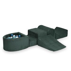 Piankowy plac zabaw z górką Sztruks Zielony 100 piłek: perłowe, srebrne, metaliczny turkus, metaliczny niebieski
