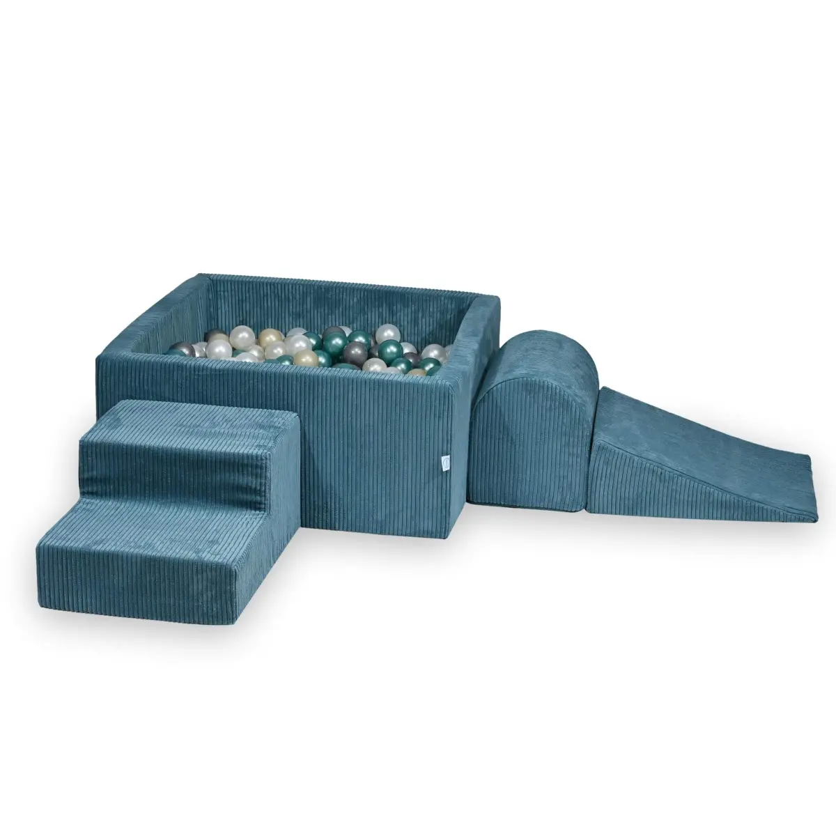Piankowy plac zabaw z basenem 90x90x40 Sztruks Niebieski 400 piłek: perłowe, srebrne, jasnozłote, metaliczny turkus