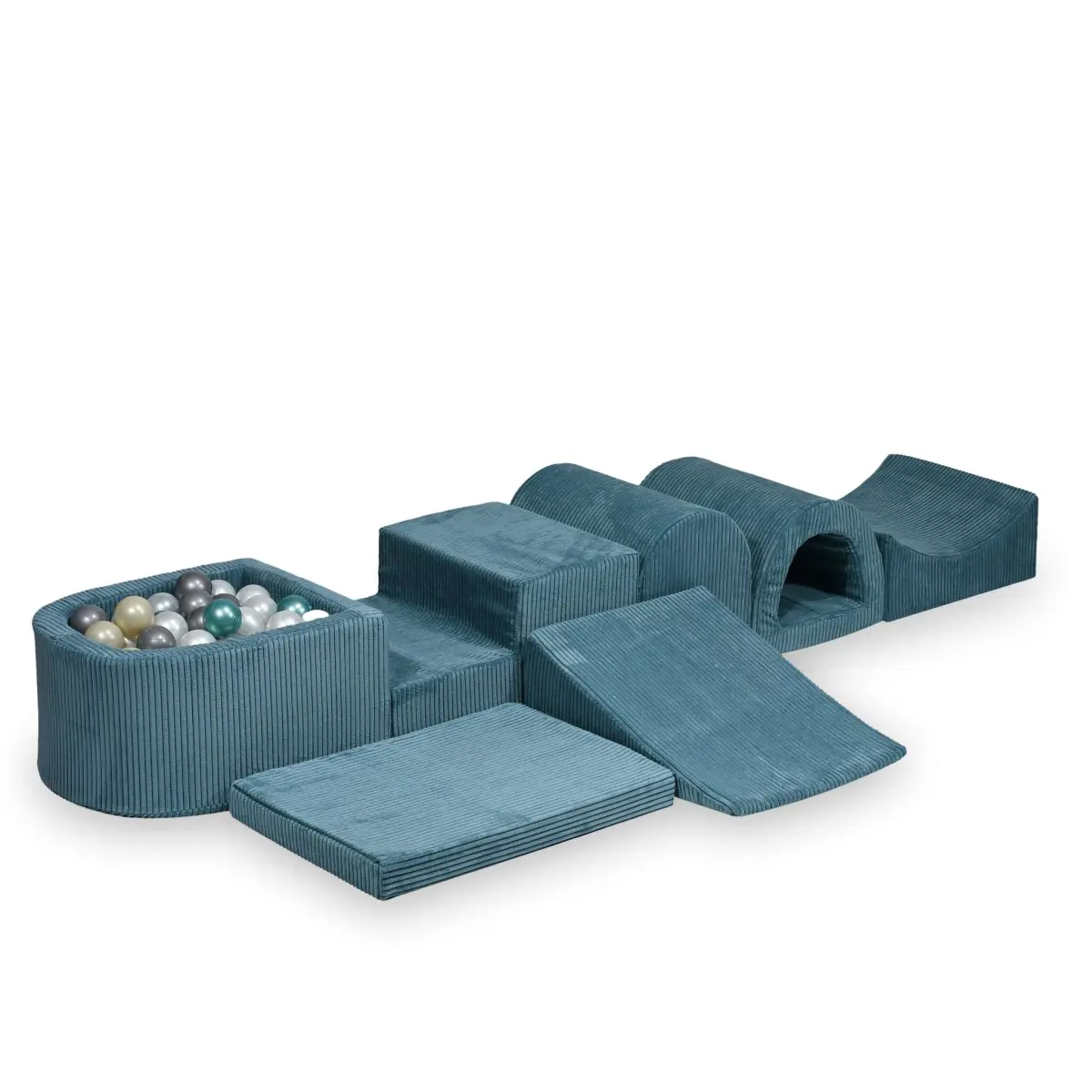 Biggest foam playset with micro pool Corduroy Blue + 100 balls: pearl, silver, light gold, metallic turquoise