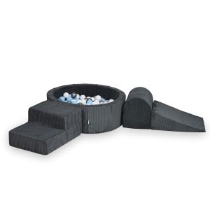 Piankowy plac zabaw z basenem 90x30 Sztruks Grafit 200 piłek: przezroczyste, białe, srebrne, jasnobłękitne