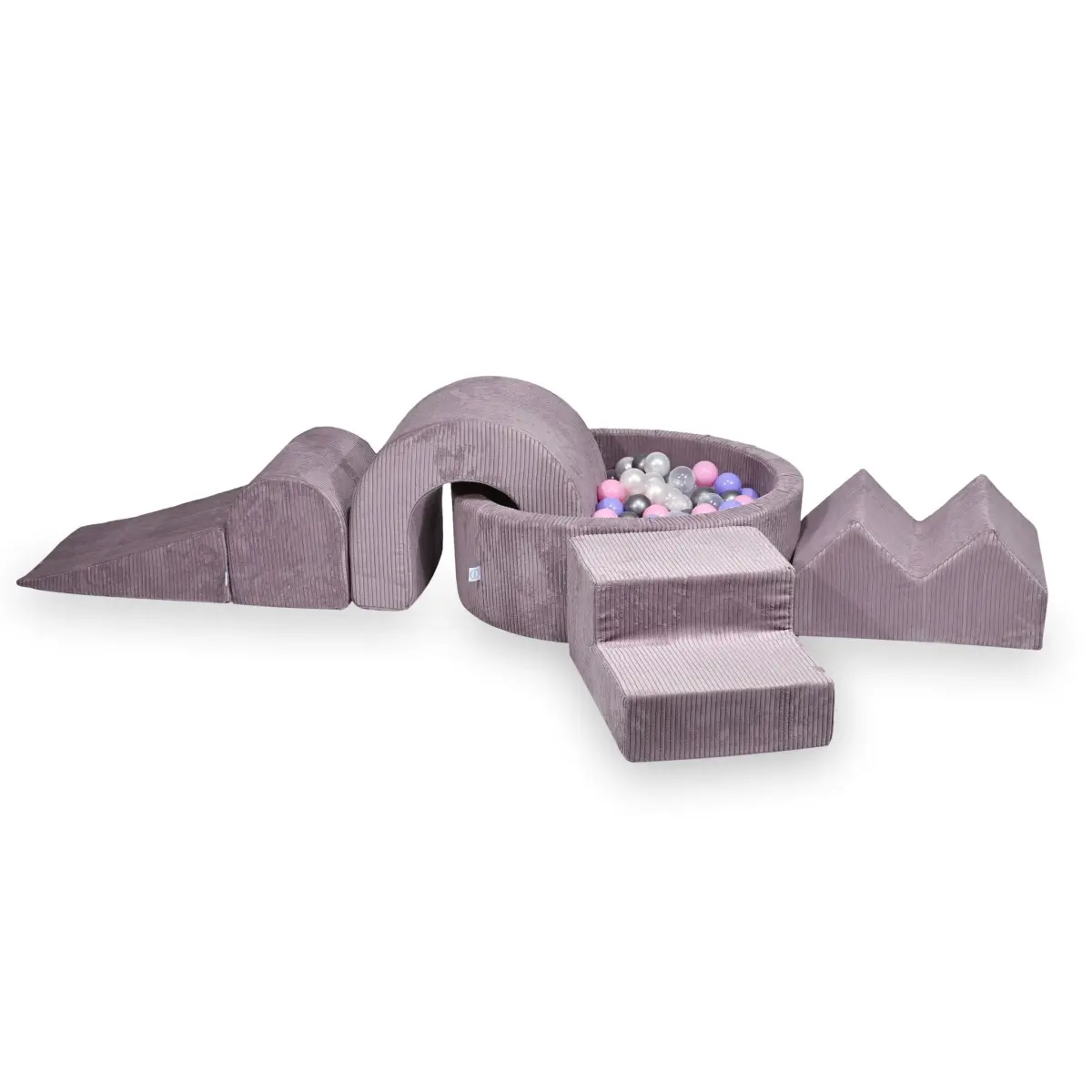 Piankowy plac zabaw z basenem okrągłym 90x30 Sztruks Lavender + 5 elementów + 200 piłek: przezroczyste, białe, pudrowy róż, wrzosowe