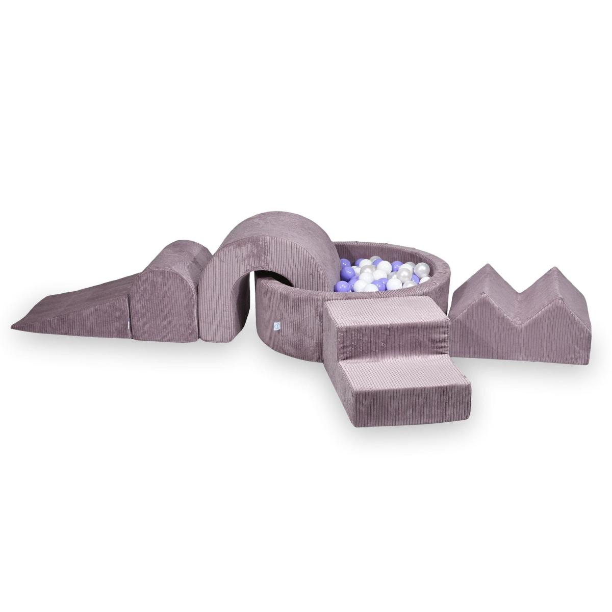 Piankowy plac zabaw z basenem okrągłym 90x30 Sztruks Lavender + 5 elementów + 200 piłek: przezroczyste, białe, perłowe, jasnozłote