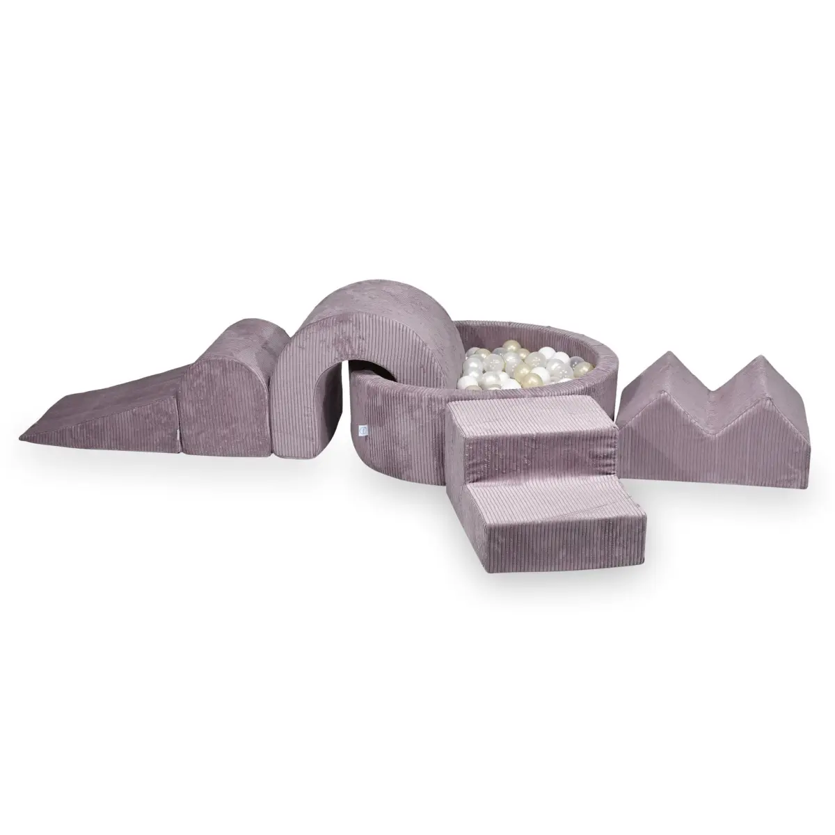 Piankowy plac zabaw z basenem okrągłym 90x30 Sztruks Lavender + 5 elementów + 200 piłek: białe, perłowe, wrzosowe