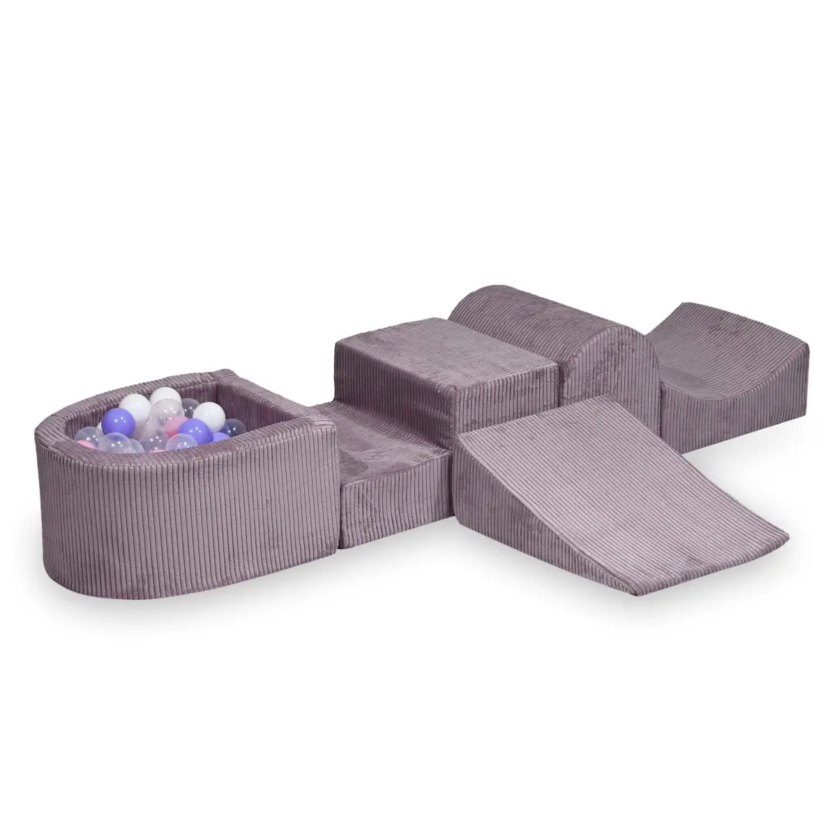 Piankowy plac zabaw z górką Sztruks Lavender 100 piłek: przezroczyste, białe, pudrowy róż, wrzosowe