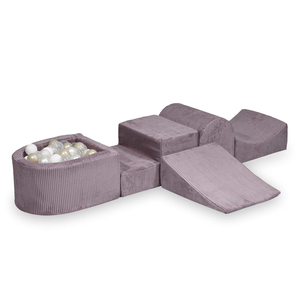 Piankowy plac zabaw z górką Sztruks Lavender 100 piłek: przezroczyste, białe, perłowe, jasnozłote
