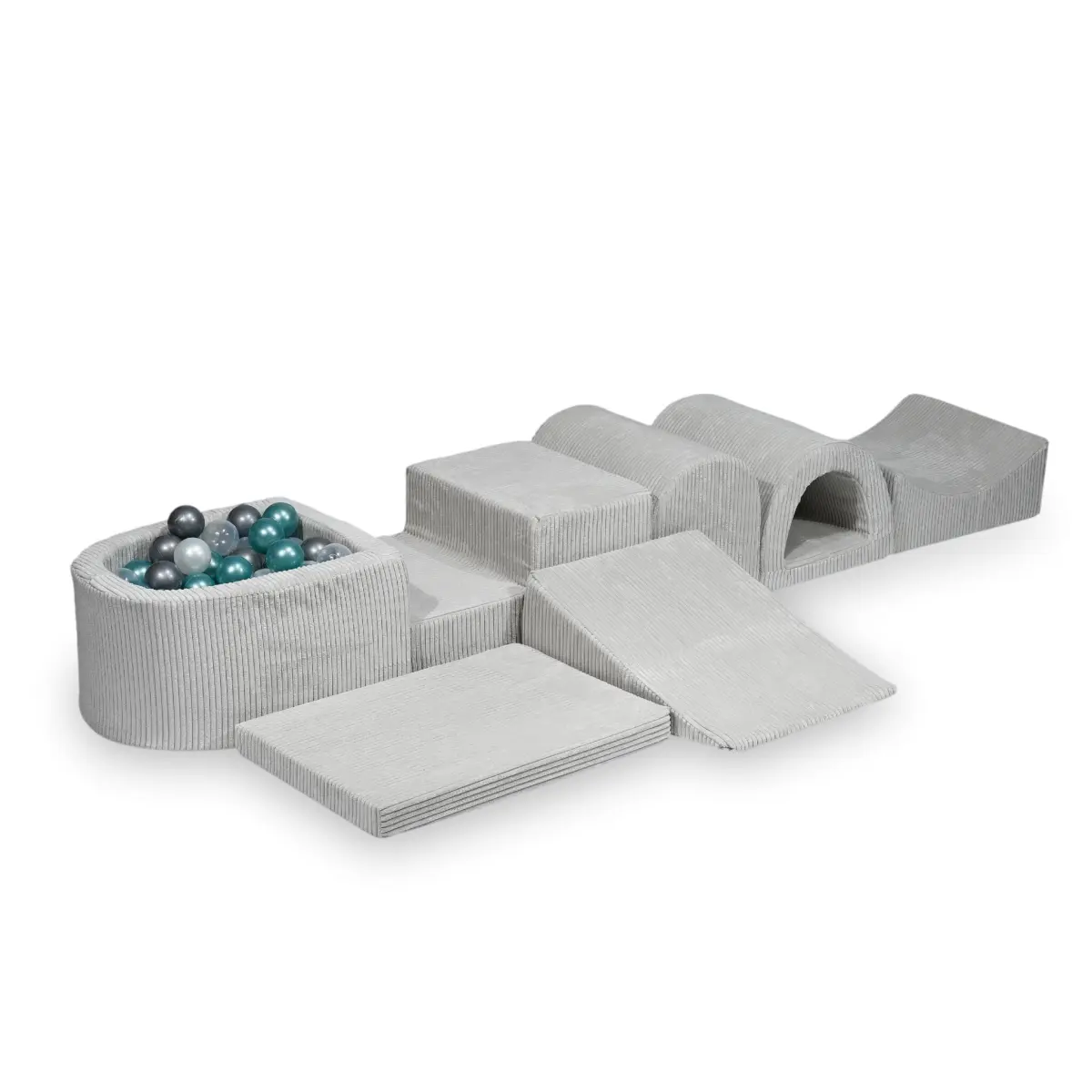 Biggest foam playset with micro pool Corduroy Grey + 100 balls: transparent, pearl, silver, metallic turquoise