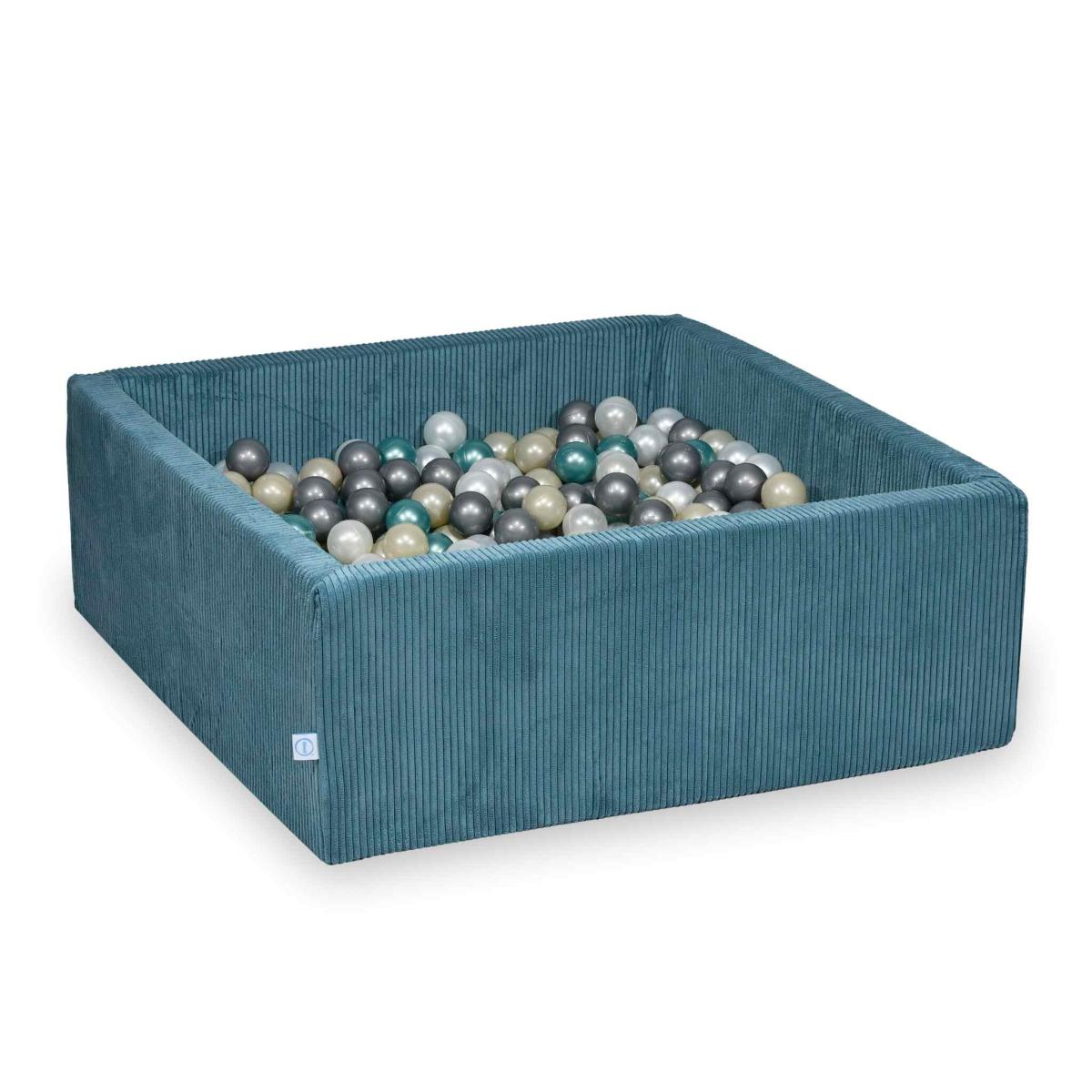 Suchy basen 110x110x40 Sztruks Niebieski 600 piłek: perłowe, srebrne, jasnozłote, metaliczny turkus